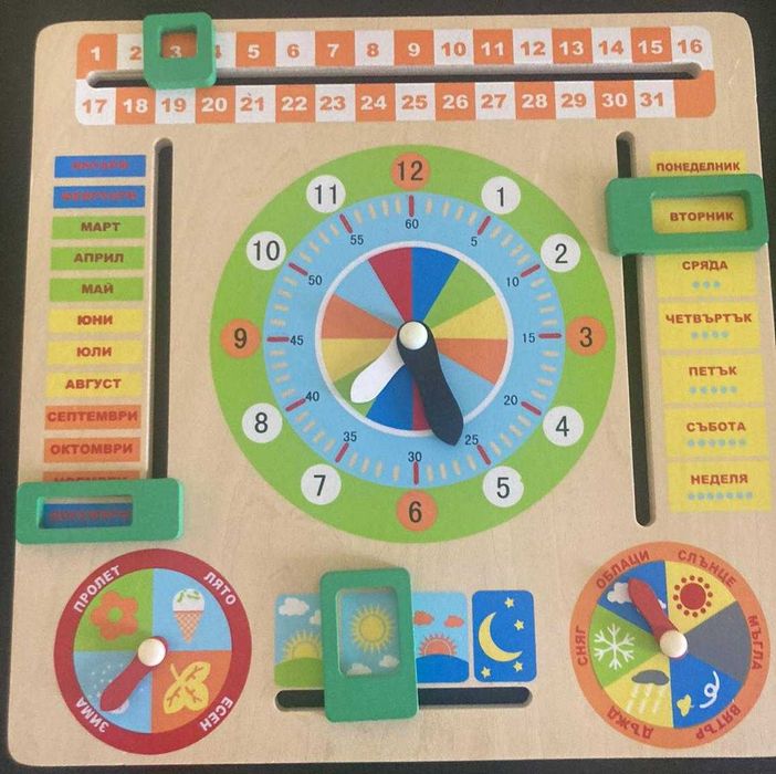 Детски дървен образователен календар с часовник Playsense с кутия