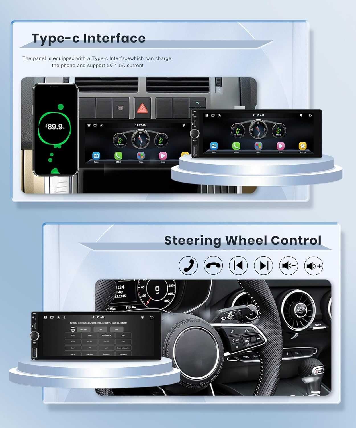 Rimoody Еднодинов безжичен Carplay/Android Auto стерео 6.86 инча HD