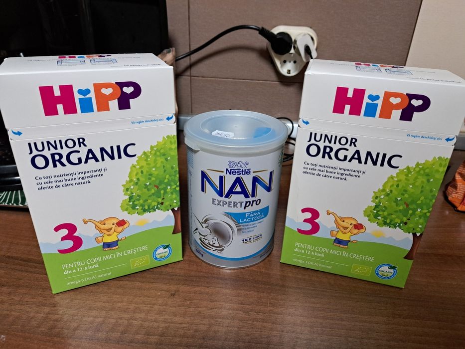 Lapte praf Hipp 3 Organic Junior 1+ si Nan Expert Pro fara lactoza