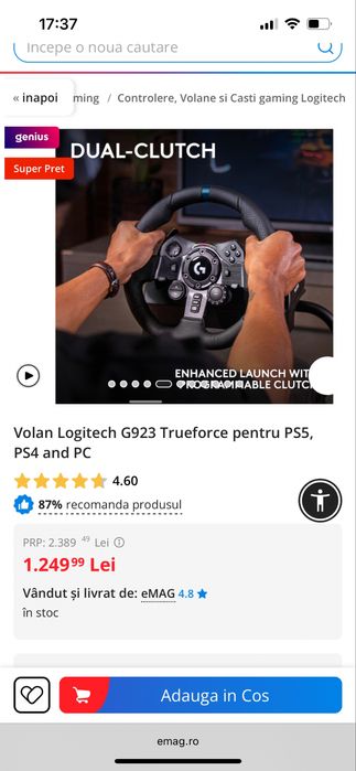 Vand Volan Logitech G923 Trueforce pentru PS5, PS4 and PC