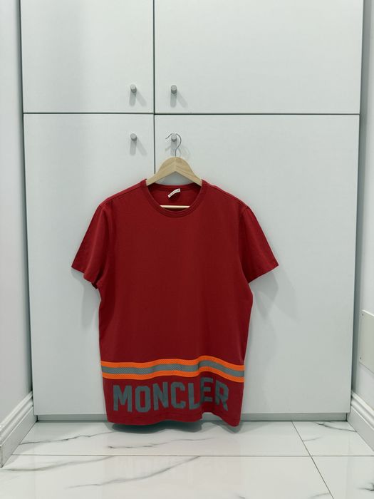 Moncler Men's T-Shirt Short Sleeve Big Logo Reflective Red Size M