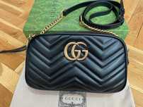 Дамска Чанта Гучи Marmont черна Кожа Автентична Злато Лого ГГ Gucci GG