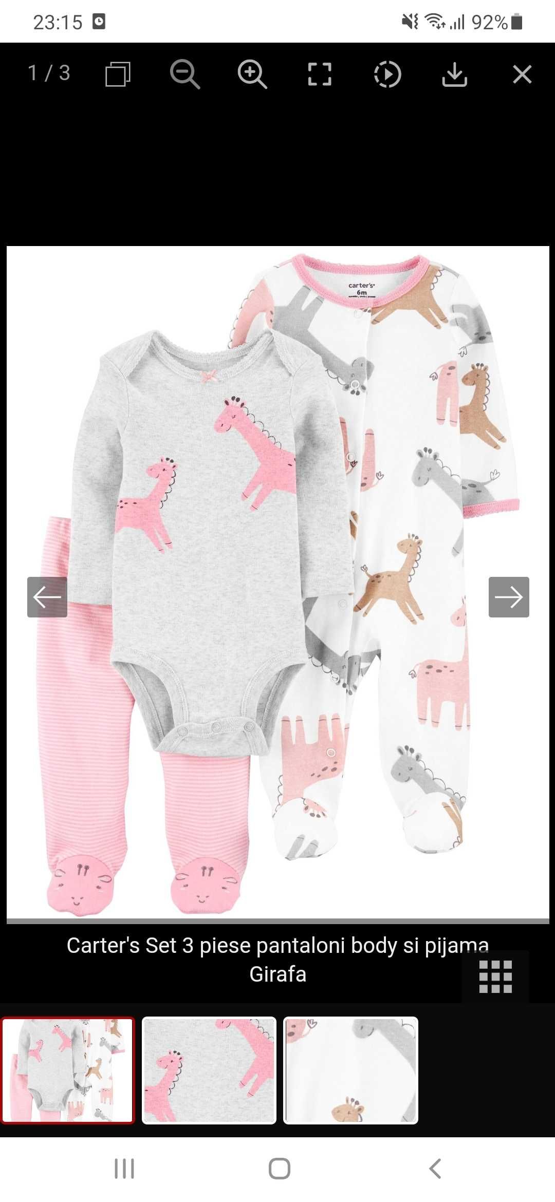 Carter's Set 3 piese pantaloni body si pijama Girafa 0 - 3 luni