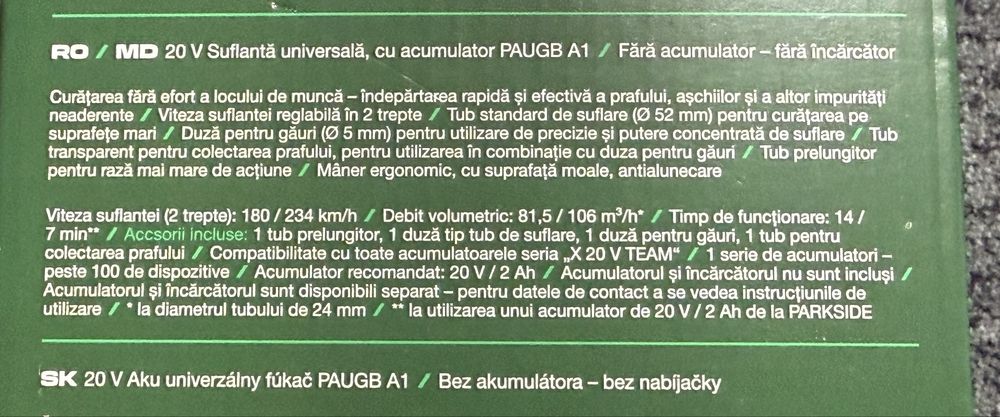 Suflanta universala pe acumulator 20v Parkside