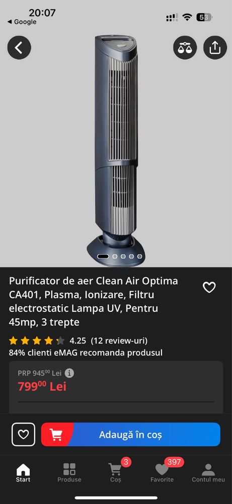 Purificator CleanAir Optima CA401 ionizare, UV-C, filtru electrostatic
