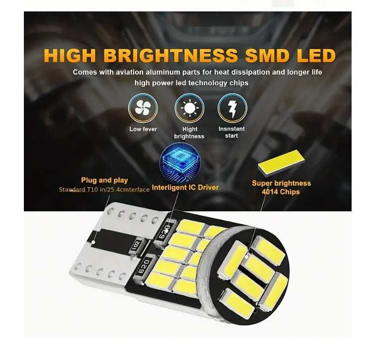 Set 10 becuri auto led T10 W5W 12V pozitii, numar, interior, portbagaj