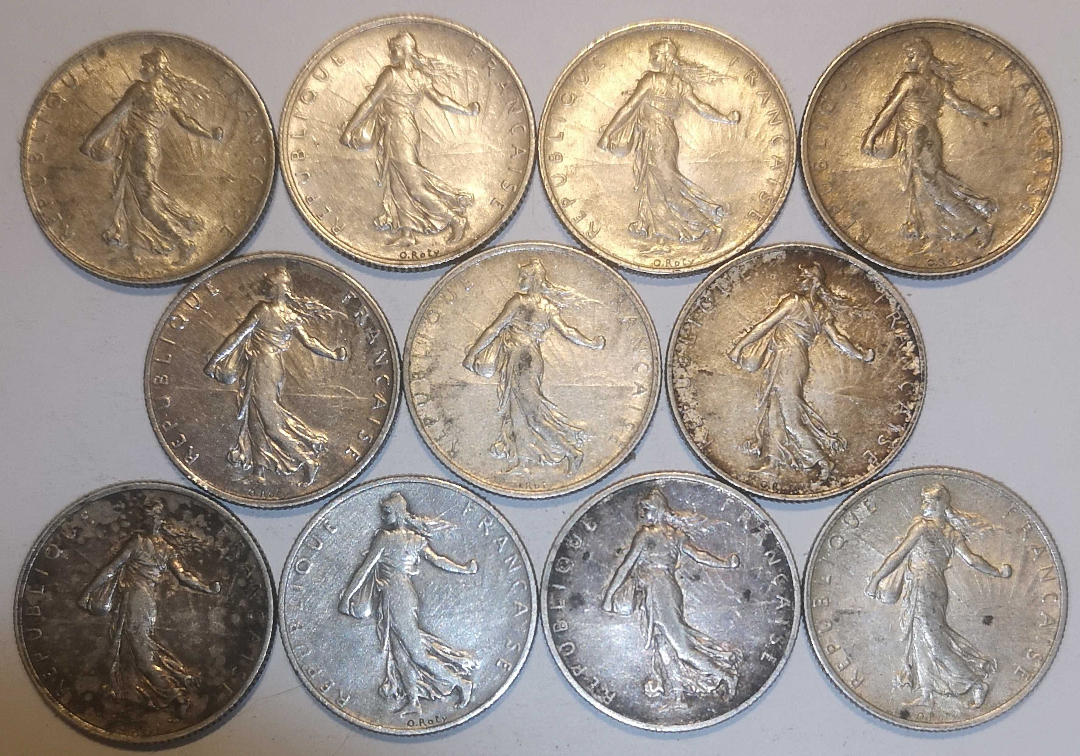 Lot 11 monede franci argint Franța 2 francs 1910-1919, 10g fiecare