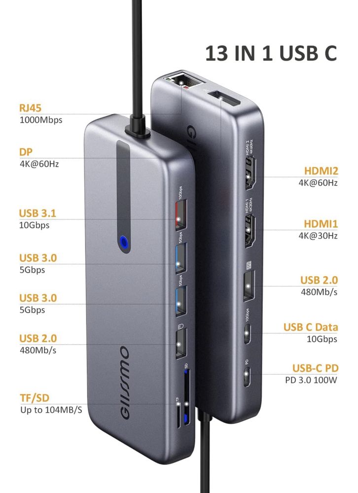 GIISSMO 13in1 usb c Hub — Концентратор DisplayPort Adapter Переходник