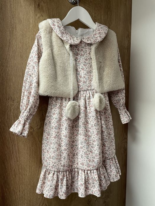 Детска рокля с пухкав елек, размер 104 см (4 г.)