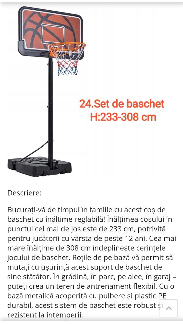 Cos de baschet, H-233-308cm, pentru jucători cu vârsta peste 12 ani