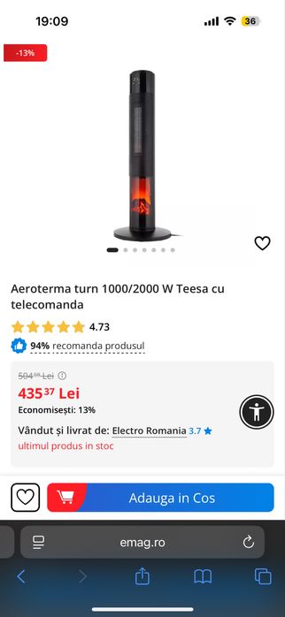 Aeroterma/Ventilator turn Teesa cu telecomanda