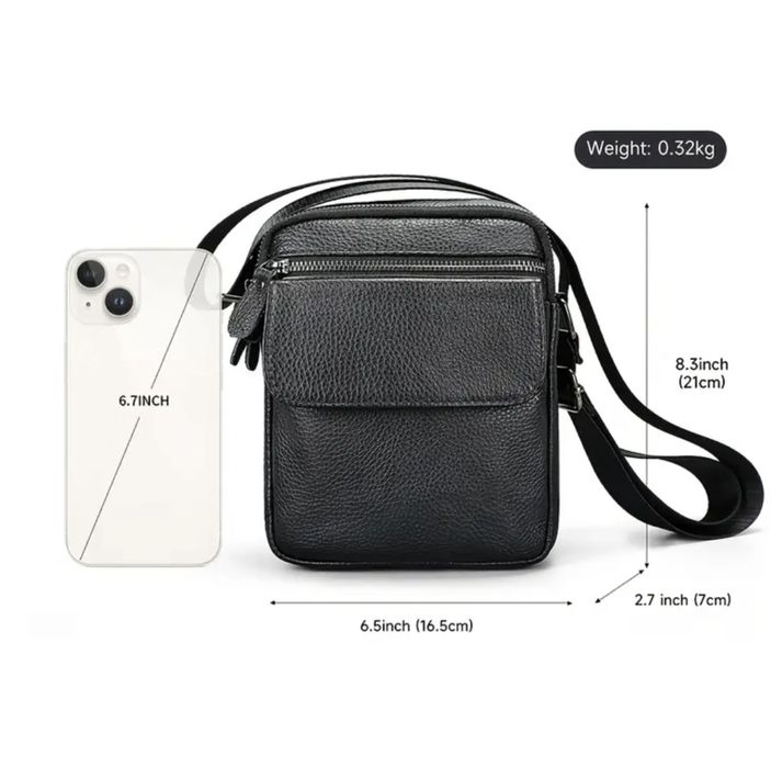 Мъжка компактна кожена чантичка с капаче /Гланцова черна естест. кожа!