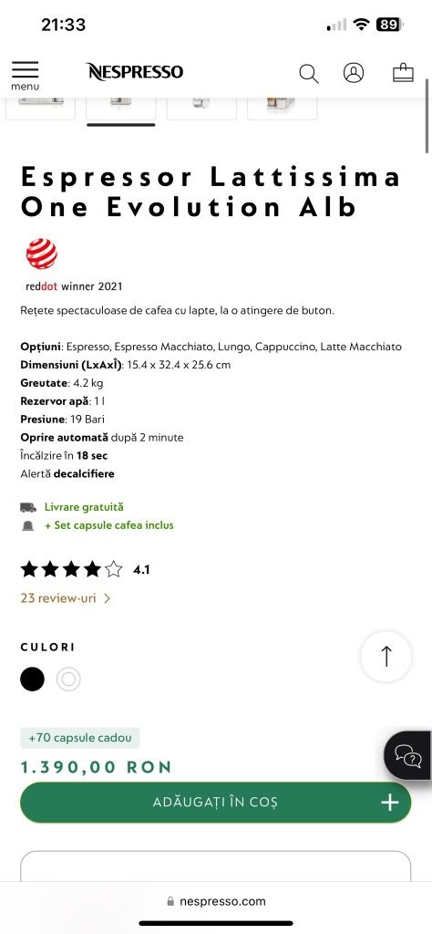 Espressor Nespresso by DeLonghi Lattissima One Evolution