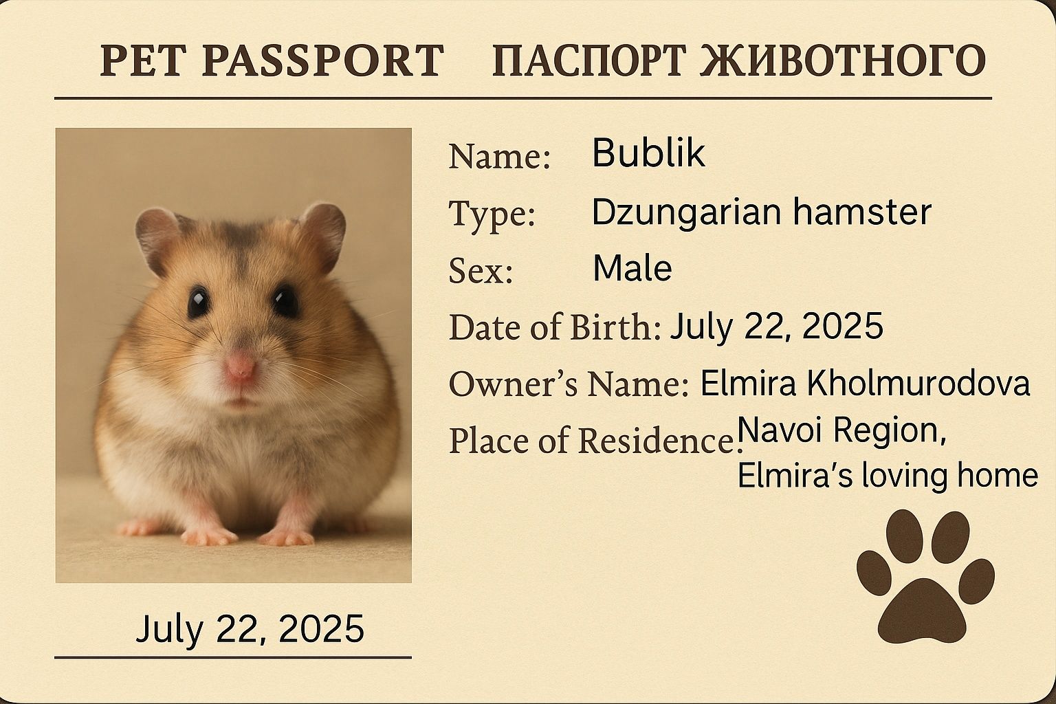 Hamster  ismi: bublik qafasi xam bor