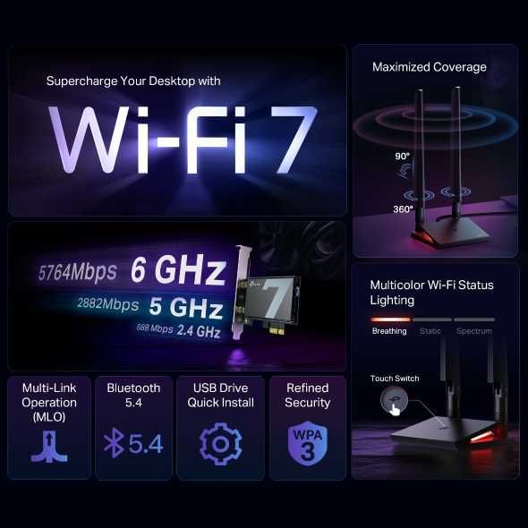 ADAPTOR RETEA TP-LINK TBE550E BE9300 Wi-Fi7 Bluetooth 5.4 PCIe NOU!!