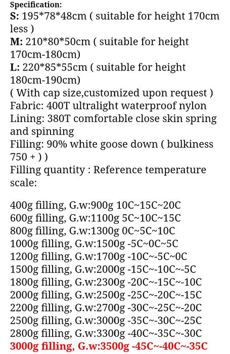 Sac dormit iarnă, puf gâscă 3000g, -35/-45 grade