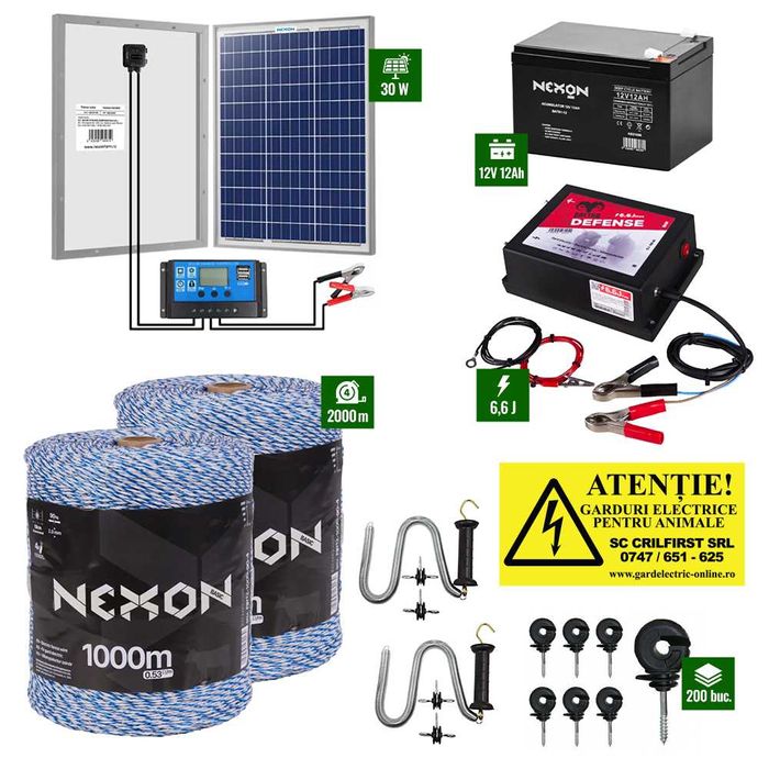 Pachet Gard Electric 6,6J + Fir 2000m 90Kg + Panou 30W + Acum 12Ah