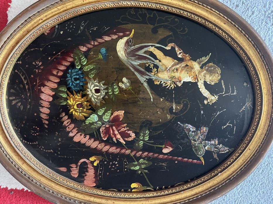 Tablouri vechi pictate pe metal - îngeraș cu ramă aurită