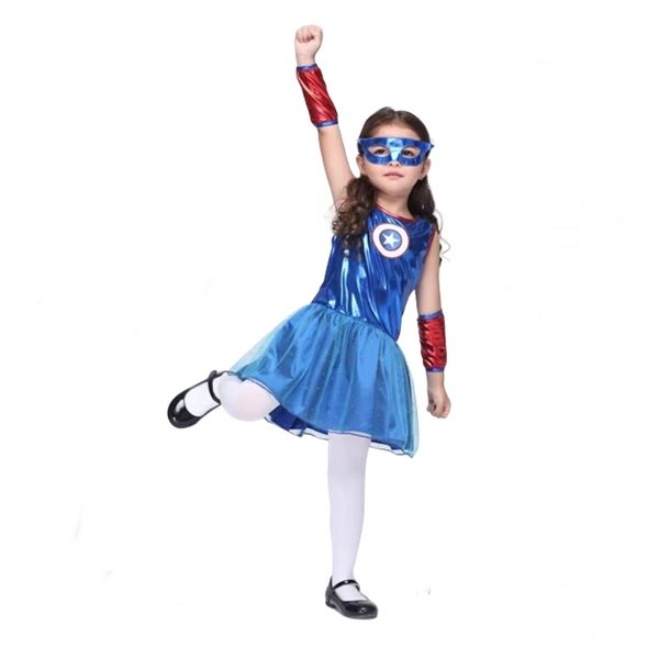 Costum Captain America fete, IdeallStore®, Albastru, 7-9 ani