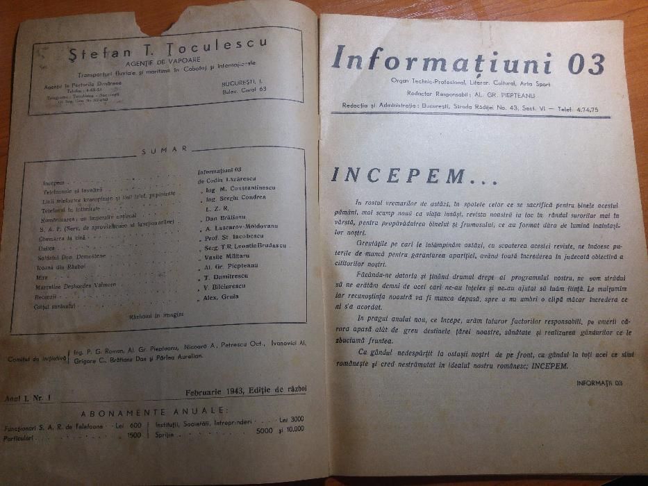 revista informatiuni -anul 1,nr.1 din februarie 1943-editie de razboi