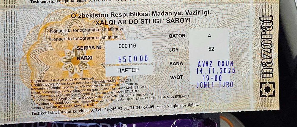 Avaz Oxun konsertiga bilet o'z narxida