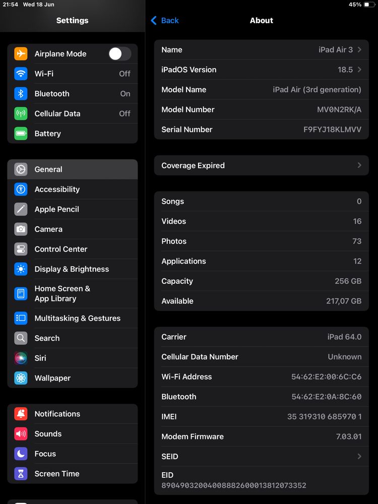 iPad Air 3 (2019)  256 GB Wi-Fi + Cellular