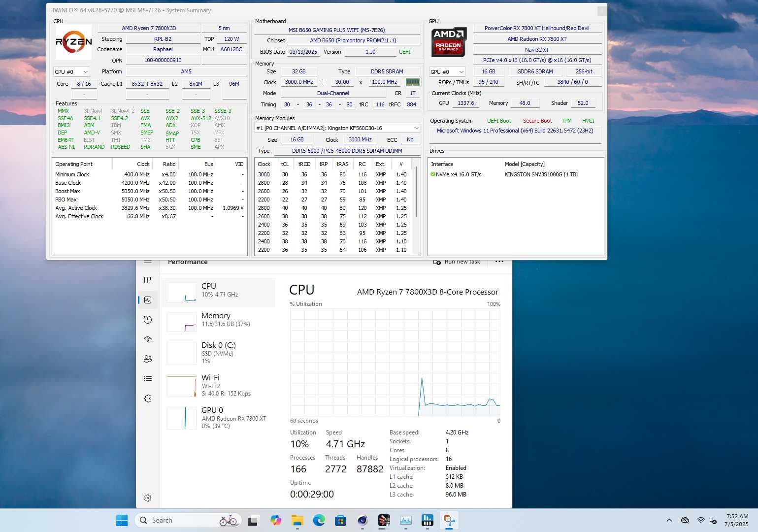 PC Gaming Ryzen 7 7800X3D RX 7800 XT 32GB RAM 1TB SSD