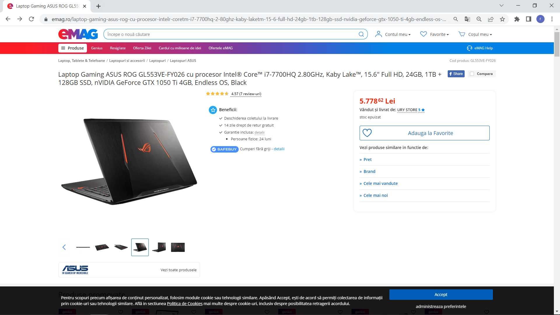 Laptop gaming Asus Rog Strix, intel core- i7-, video 4 gb dedicat