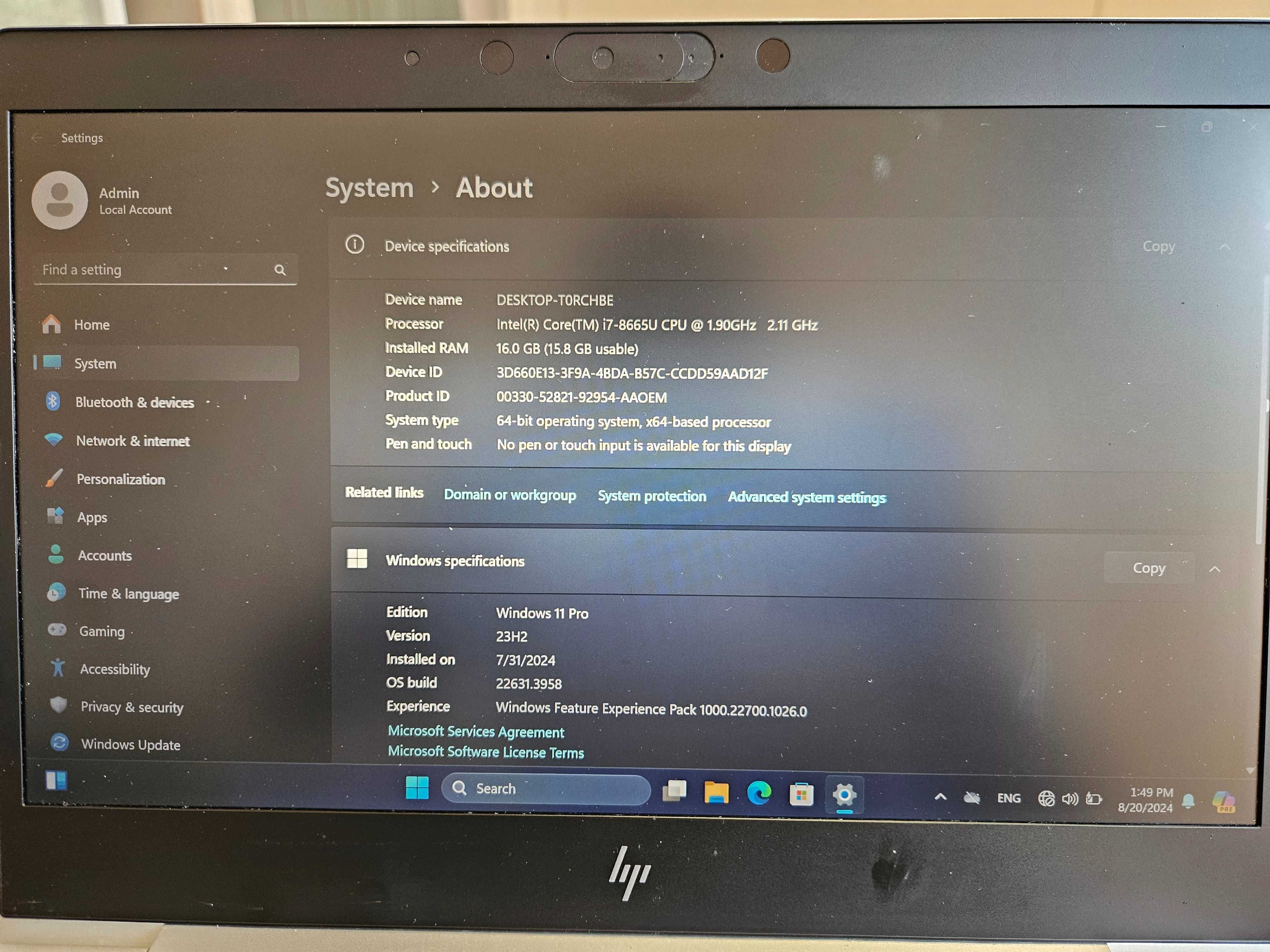 Laptop HP EliteBook 830 13.3", Core(TM) i7 8th Gen, 16 GB RAM, 512 GB