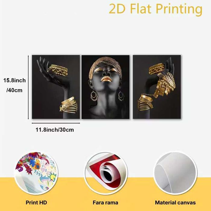 Set 3 Tablouri Canvas Geometrice cu accente aurii – 30x40 cm fiecare