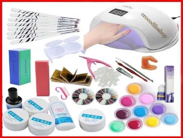 Kit unghii FALSE 12 gel color set manichiura lampa UV led 48w