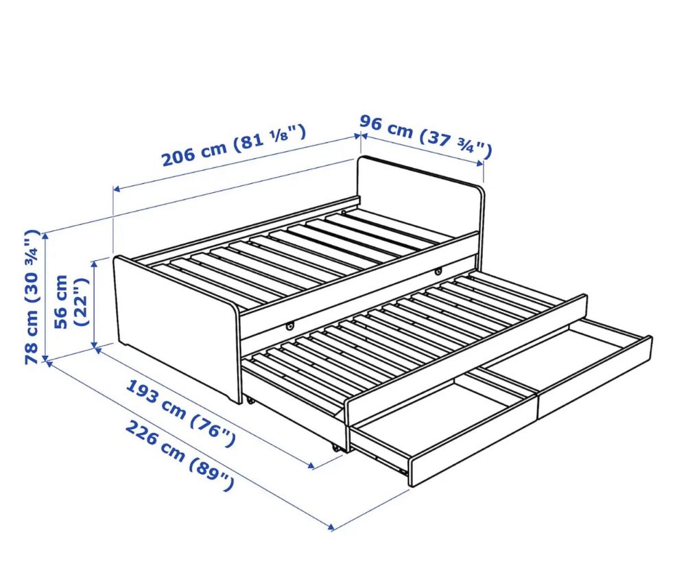 Кровать 90х200 см икея Слэкт с выдвижной кроватью и ящиками, белый