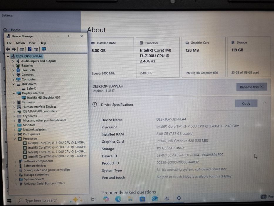 Core i3-7100U/ SSD 120 gb/ ОЗУ 8 gb