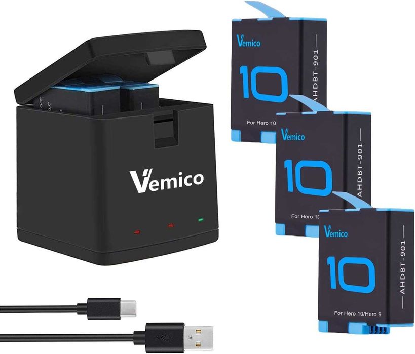 Vemico - 3 батерии (1800mAh) и тройно зарядно за GoPro Hero 11/10/9