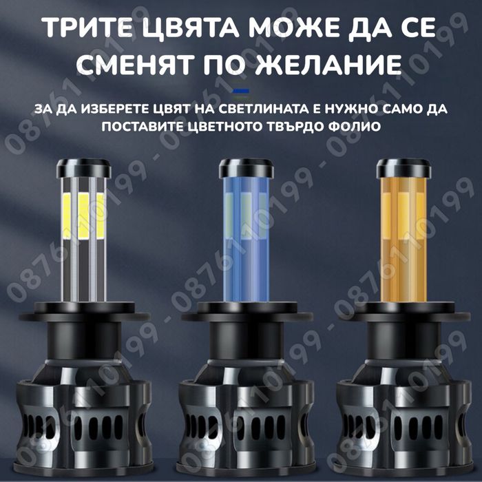 ТРИ ЦВЯТА 300W 360° LED Диодни крушки H7 12-24V LED Крушки за фарове