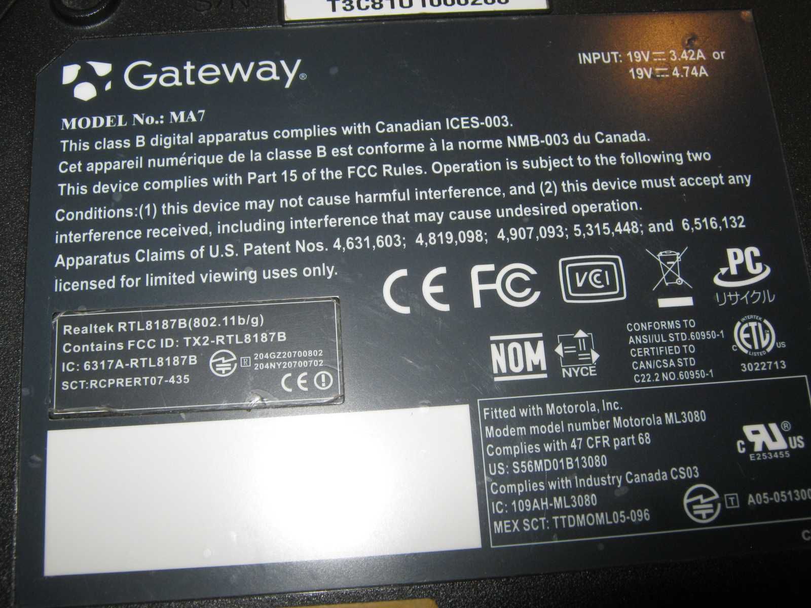 Laptop Gateway MA7 + alimentator