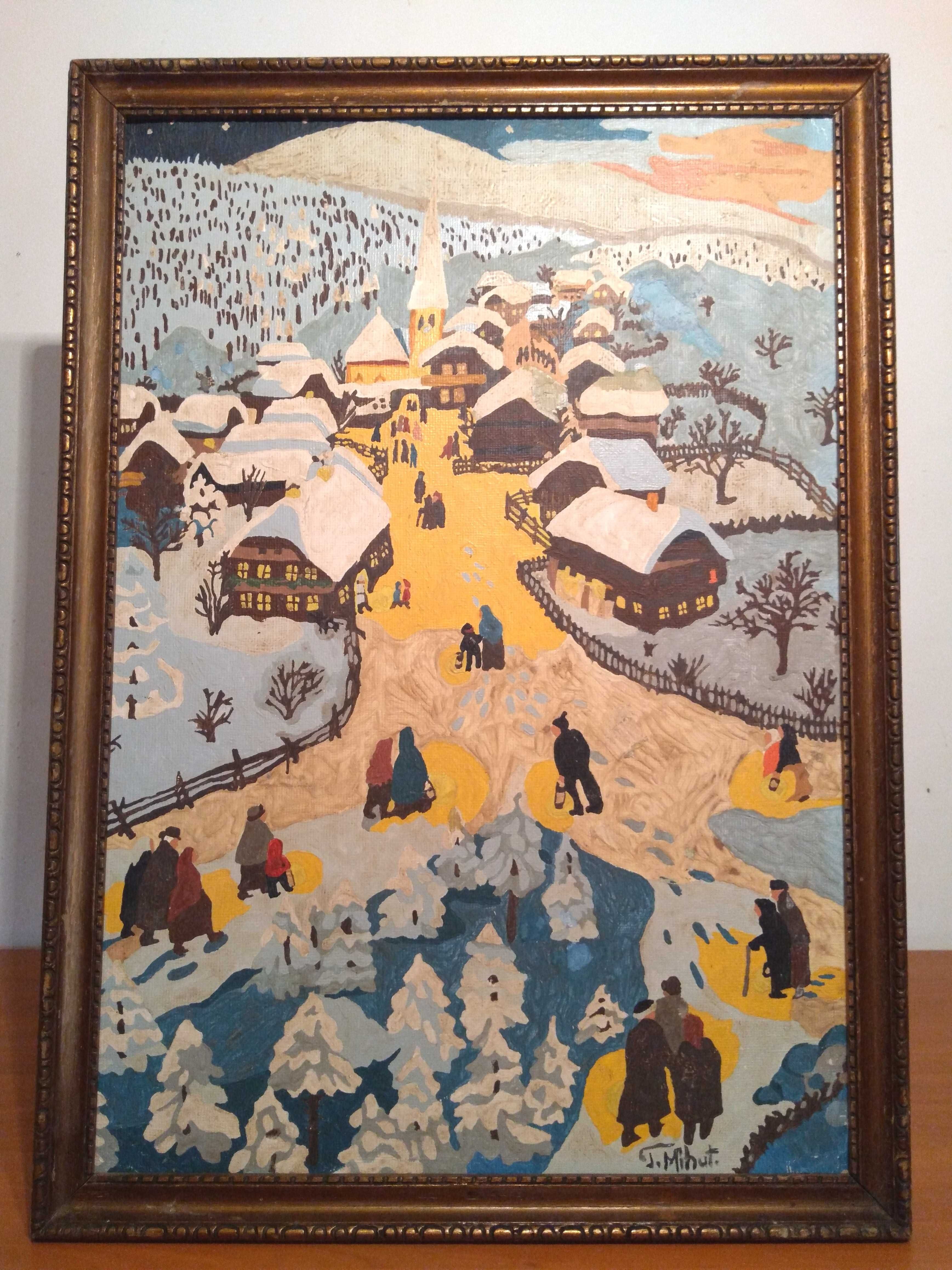 Pictură naivă Petru Mihuț | Iarna la munte | ulei pe carton