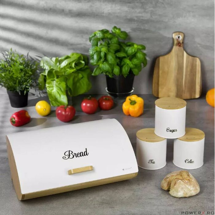Set cutie paine din bambus cu capac otel si 3 recipiente pentru