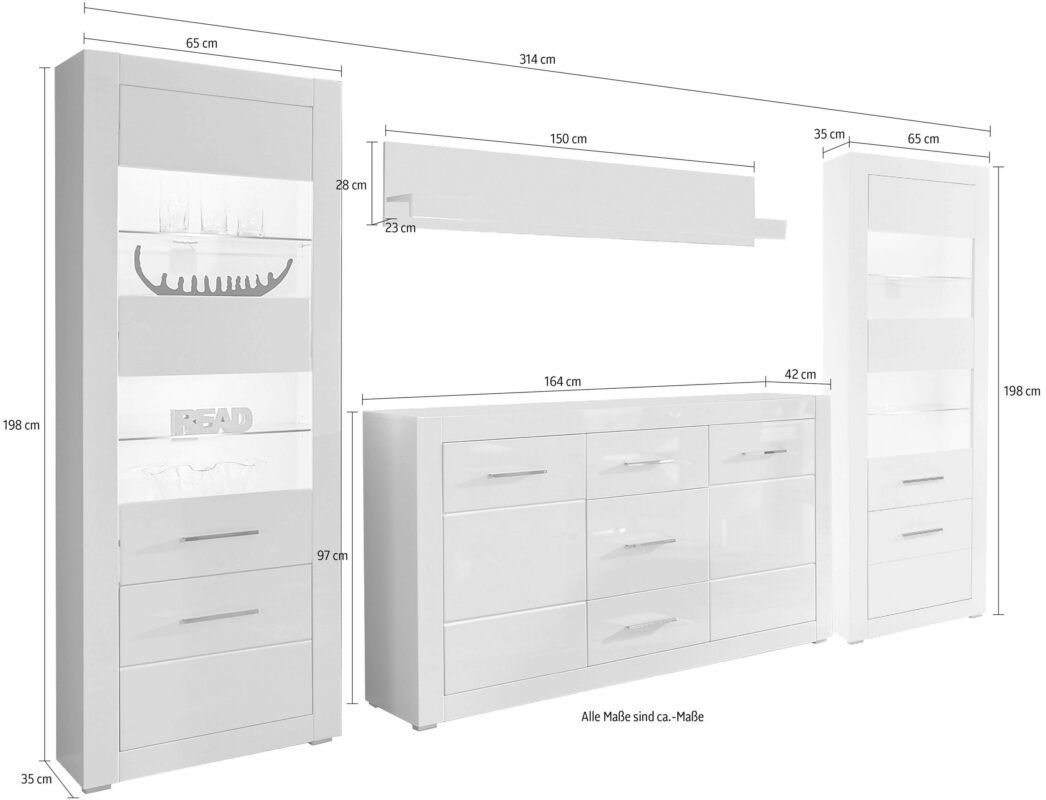 Set living Bianco , Alb lucios , 314 cm latime