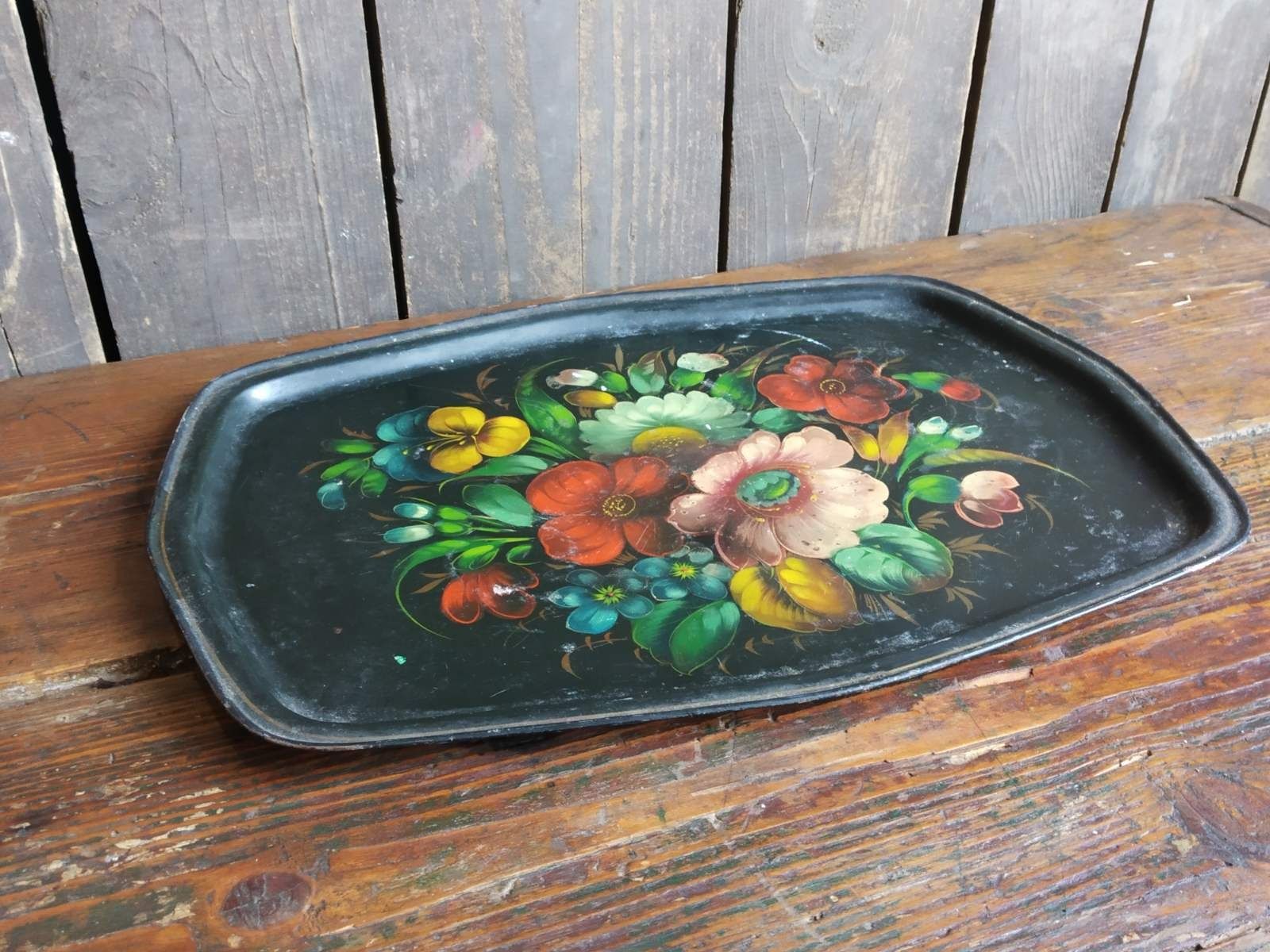 Стара Руска табла поднос с рисунка цветя 3