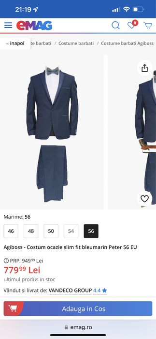 Costum Agiboss masura 58 + camasa si cravata Cavalliere/90-95 kg