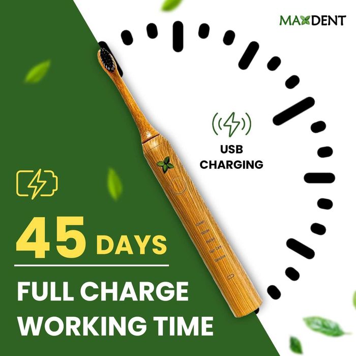Акумулаторна електрическа четка за зъби Maxdent от бамбук, 3 глави