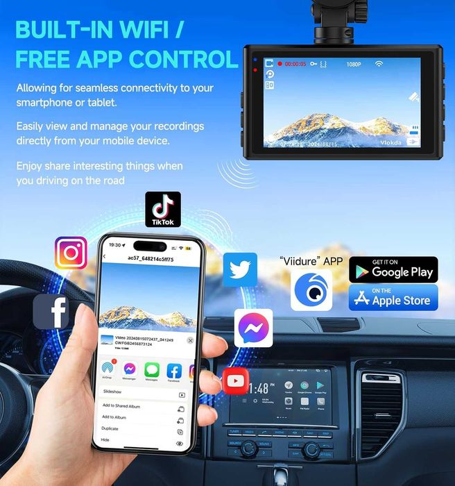 Dash Cam отпред и отзад, 1080P WiFi/APP контрол, 32GВ, WDR, G-сензор