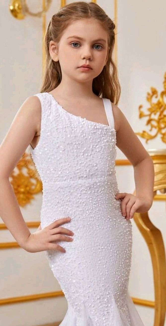 Rochiță alba, paiete, fetița 8 ani, 134 cm