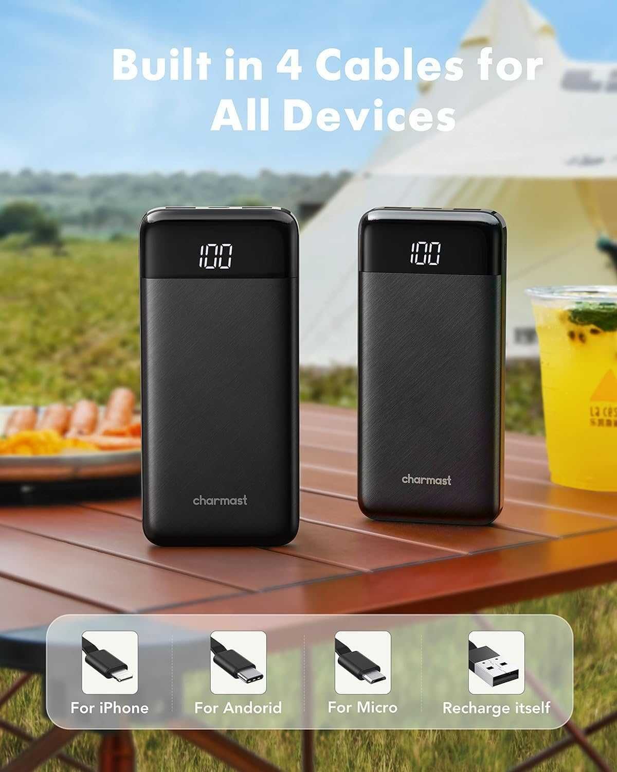 Charmast Power Bank с вградени кабели 2 броя, 10000mAh USB C батерия
