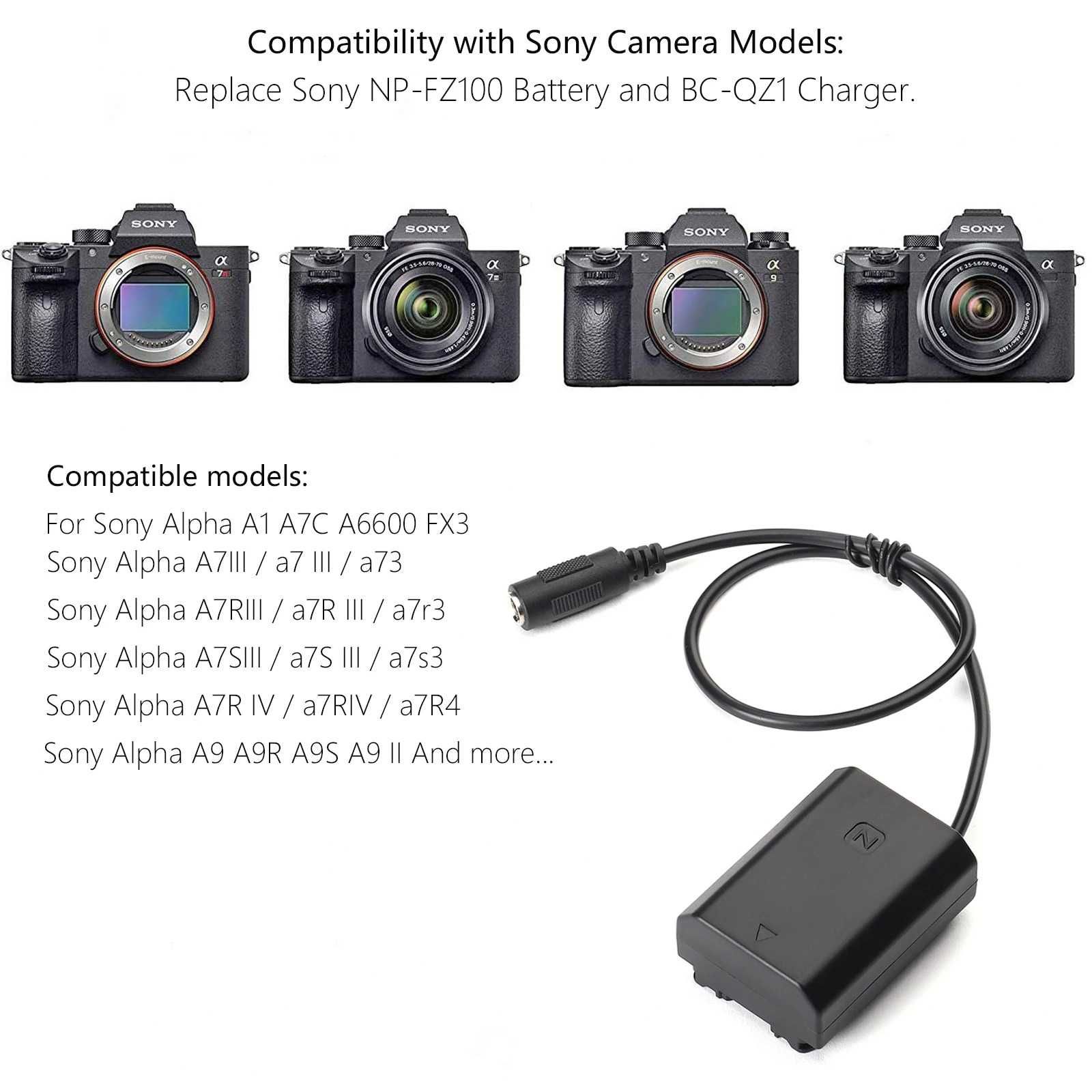 Alimentator AC NP-FZ100 Sony A7R5 A71II A7RIII A7S3 A7IV FX30 ZV-E1