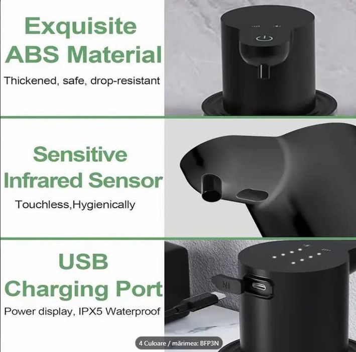 Dispenser de sapun spuma/lichid, automat, senzor, reincarcabil, IPX5