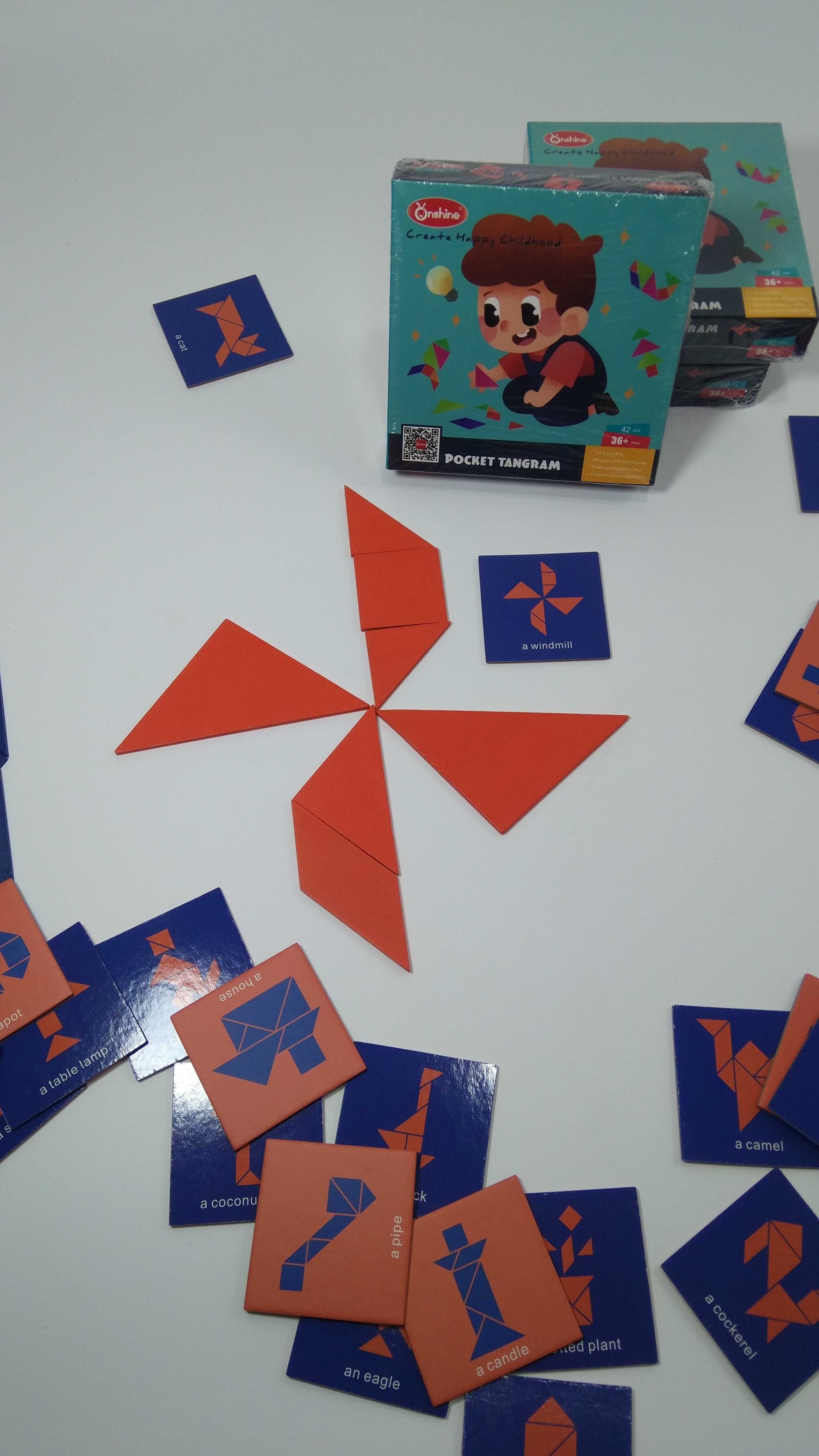 ХИТ! " Pocket tangram " 2бр. дървен Джобен танграм с шаблони в кутия