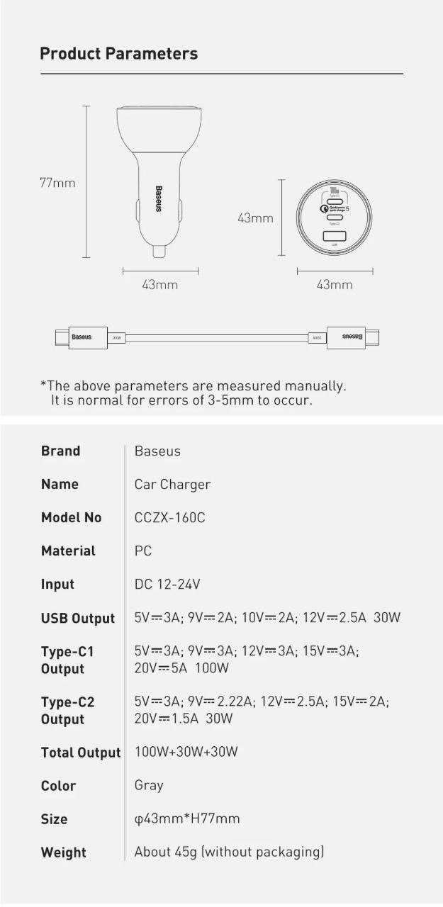 Baseus 160W Авто зарядное устройство QC 5.0 для MacBook iPad iPhone 15