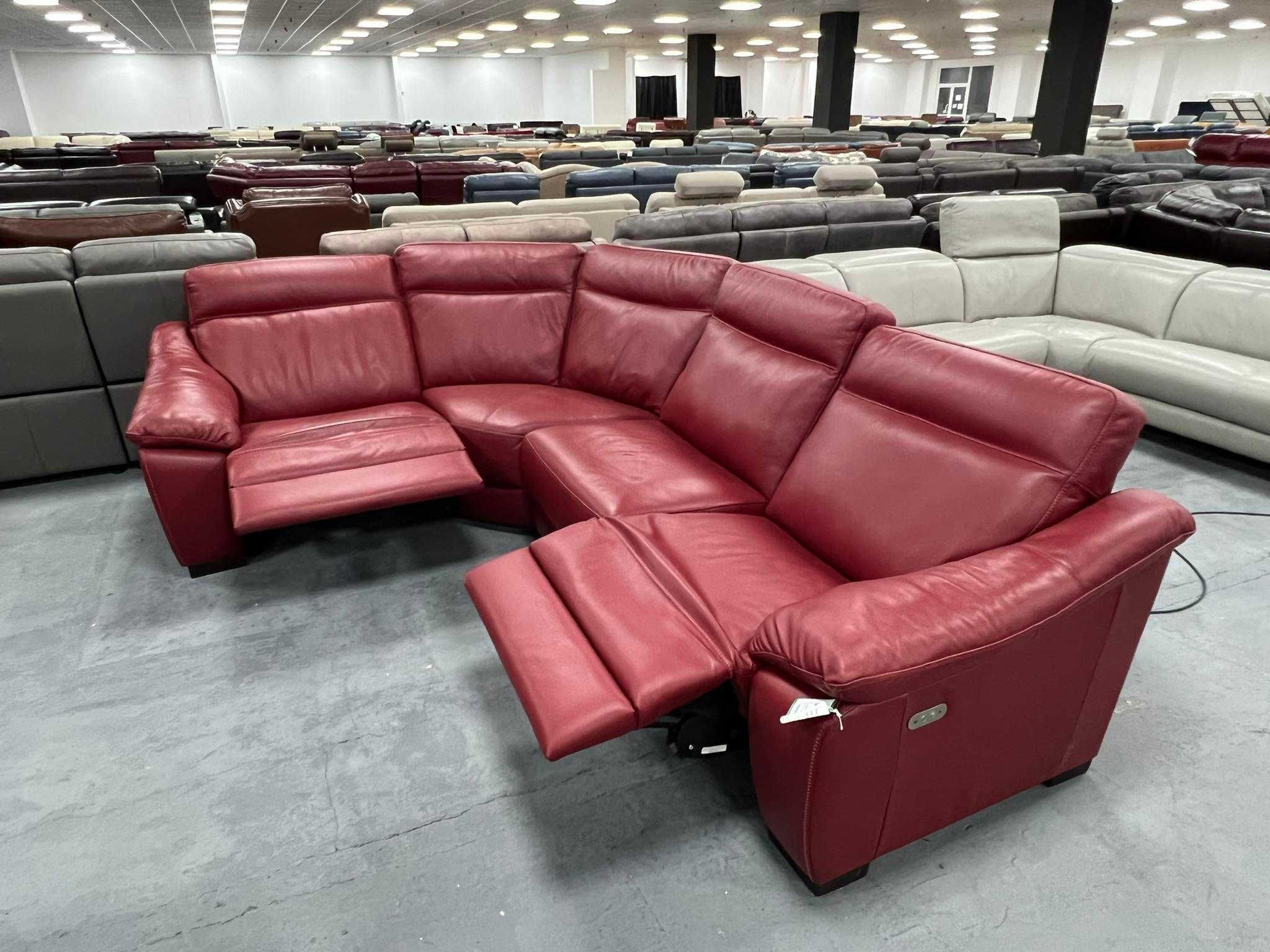 Червен кожен ъглов диван с електрически релаксиращ механизъм